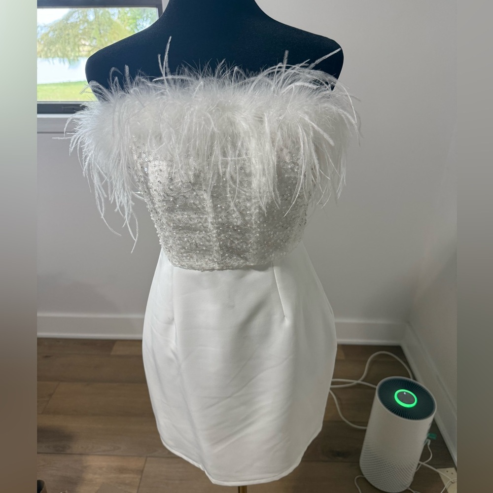 12th Tribe Cream Feathered Strapless Dress